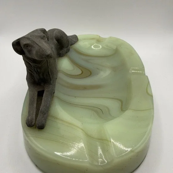 Art Deco Green Slag Uranium Glass Ashtray with Metal Borzoi Dog - 1920s Vintage - Picture 6 of 8